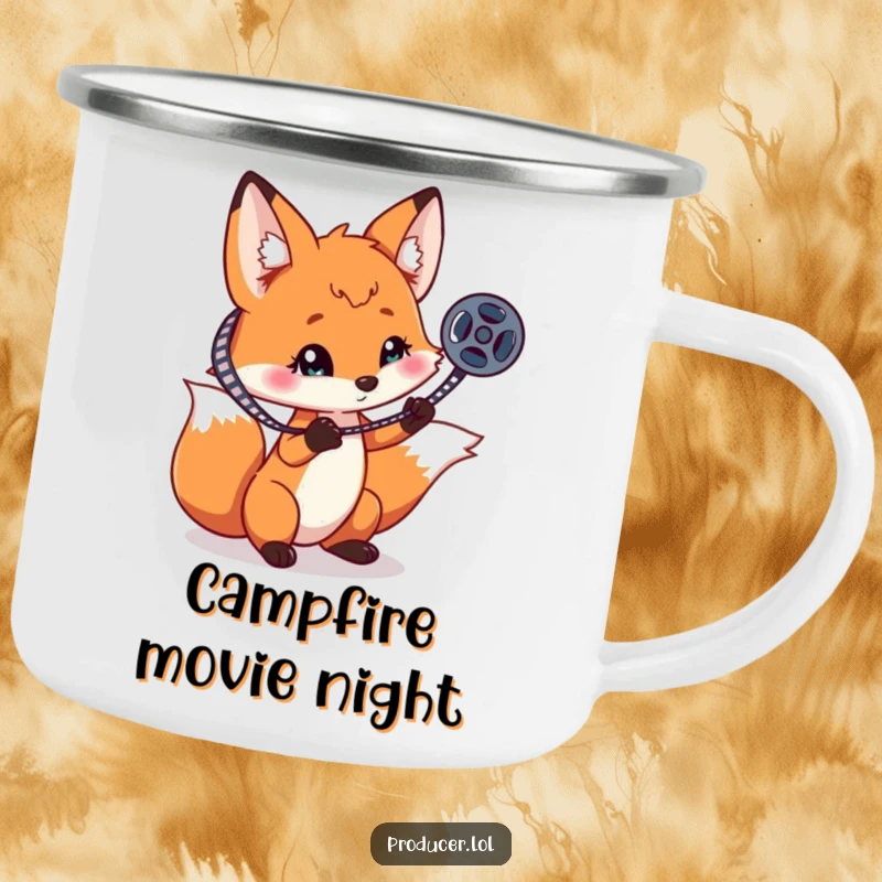 Funny playful fox spinning a film reel on one claw, a rugged and humorous enamel mug for camping trips.