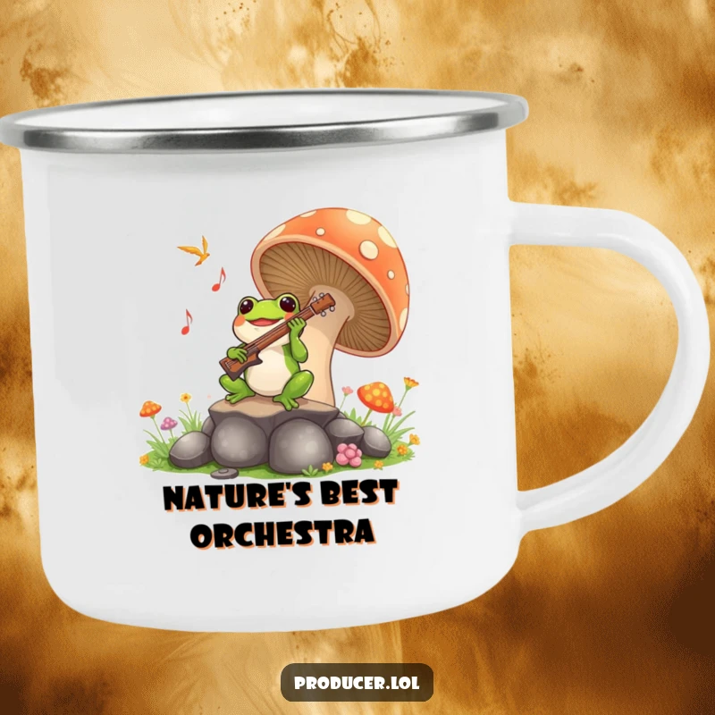 Funny Frog Symphony Camping Mug: A joyful frog plays music from a mushroom, a durable and hilarious mug for outdoor enthusiasts.
