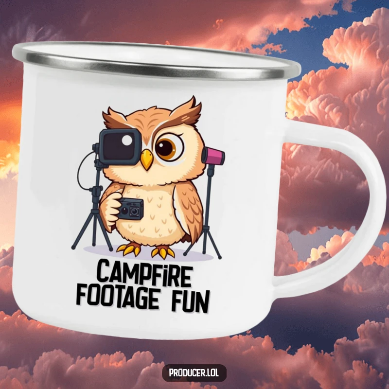 Funny camping mug illustration of a giggling owl wearing headphones, focused on reviewing video footage on a screen.