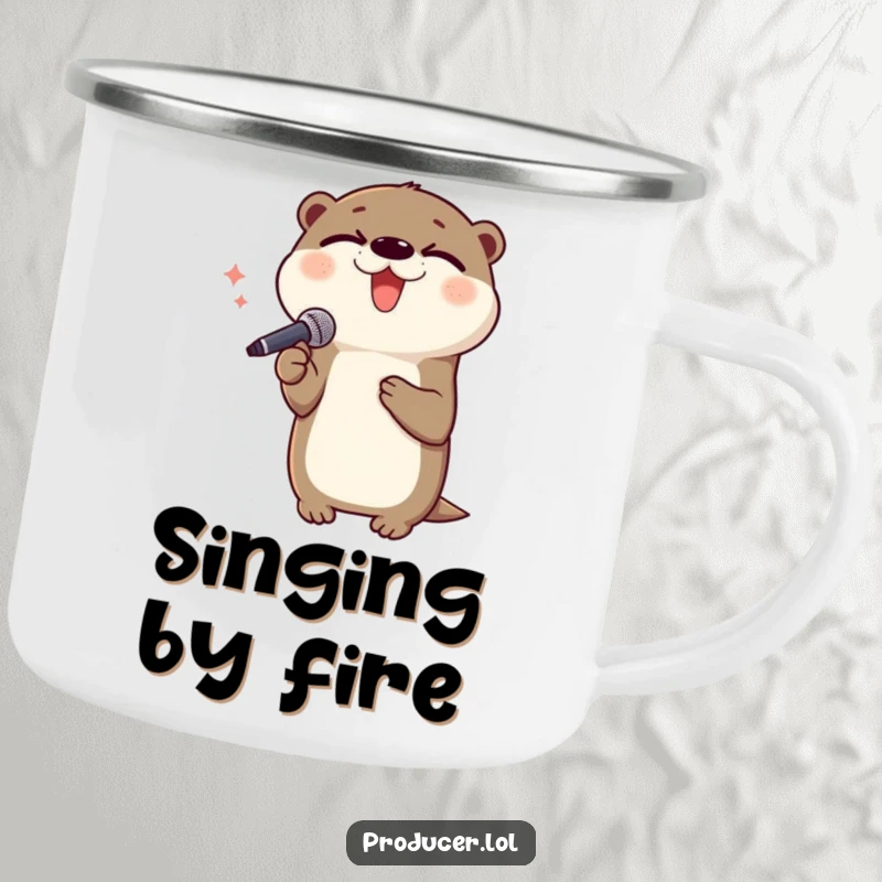 Funny otter camping mug, singing outdoors, microphone in hand, durable adventure gear, ideal for campers.