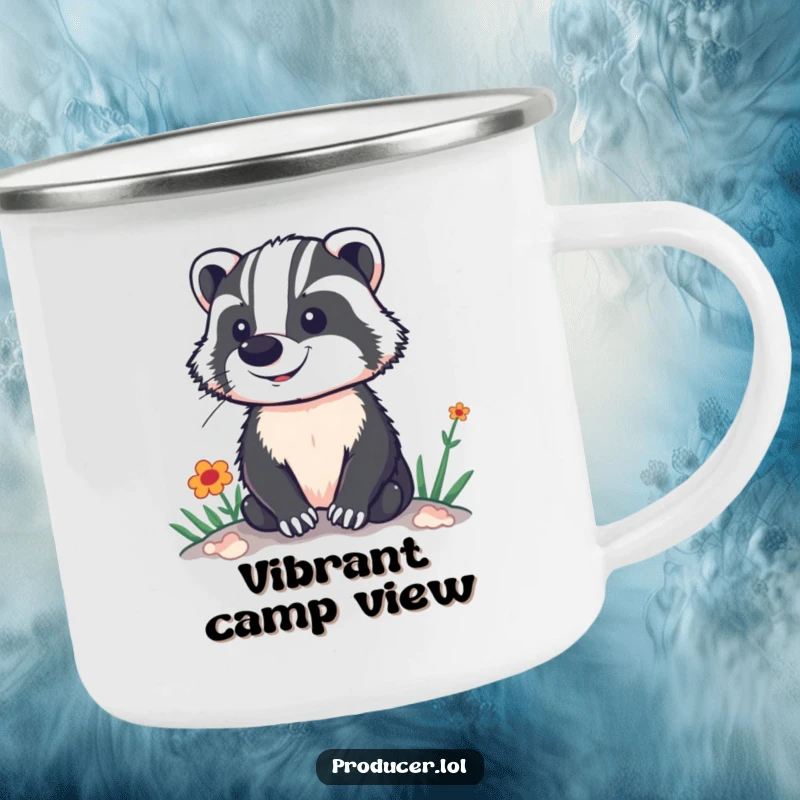 Funny camping mug illustration of a proud badger standing tall, overlooking a brightly lit and vibrant stage or set.