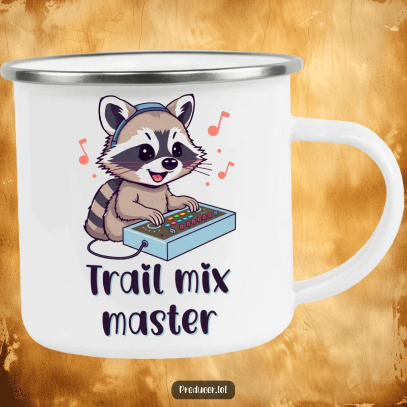 Funny Raccoon DJ Camping Mug: A smiling raccoon masterfully mixing sounds at a console, perfect for outdoor music enthusiasts.