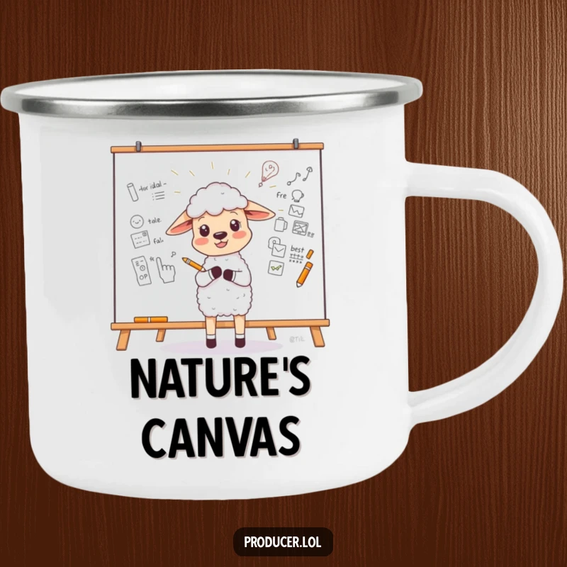 Funny Sheep Camping Mug with a little sheep enthusiastically sketching a new idea on a large whiteboard, durable funny gift.