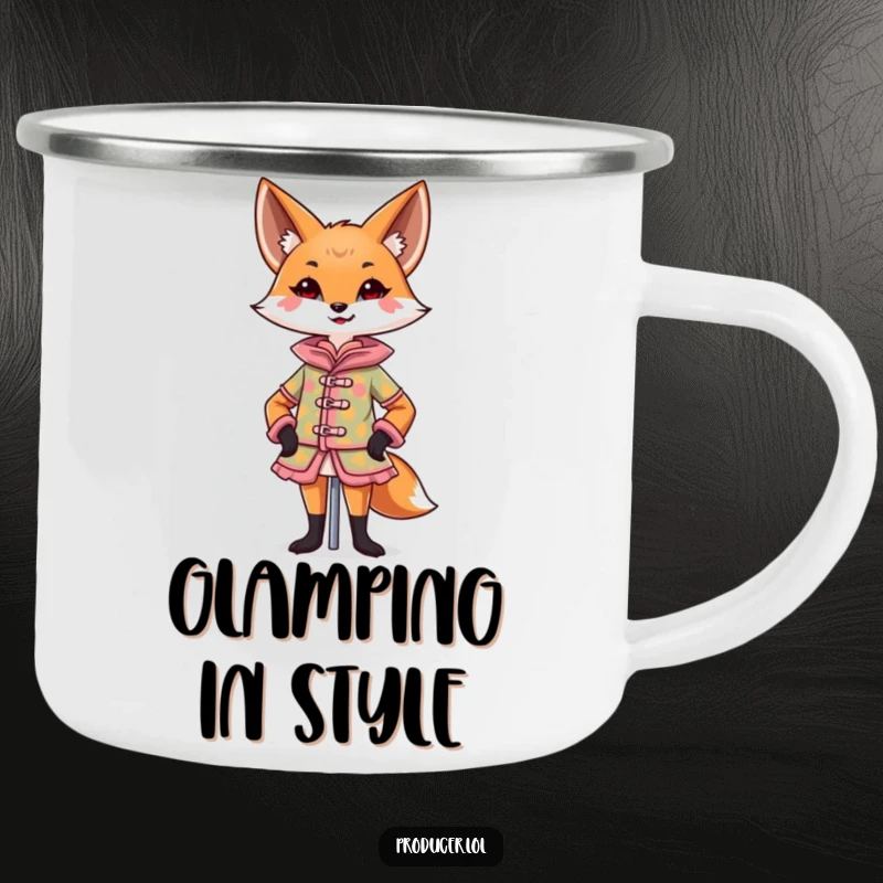 Funny Fox Camping Mug with a confident fox designing a colorful costume on a mannequin with a flourish, durable funny gift.
