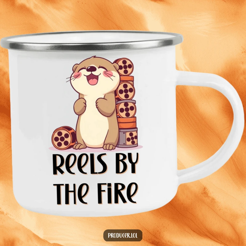 Funny camping mug featuring a playful otter laughing while stacking a tall pile of film reels, perfect for outdoor movie enthusiasts.