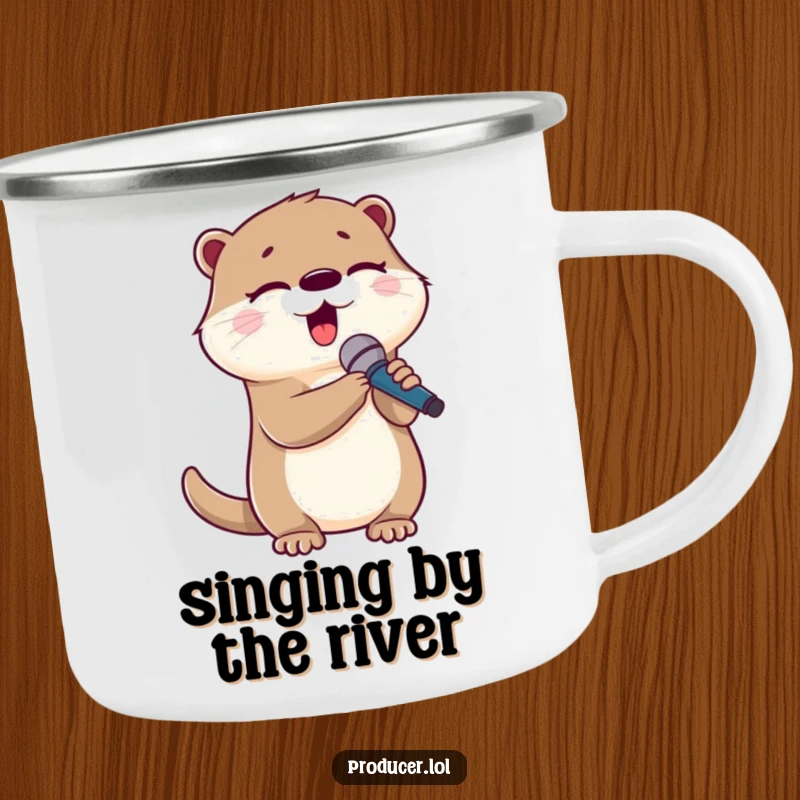 Funny otter camping mug, cute character singing into a microphone, perfect for outdoor music enthusiasts.