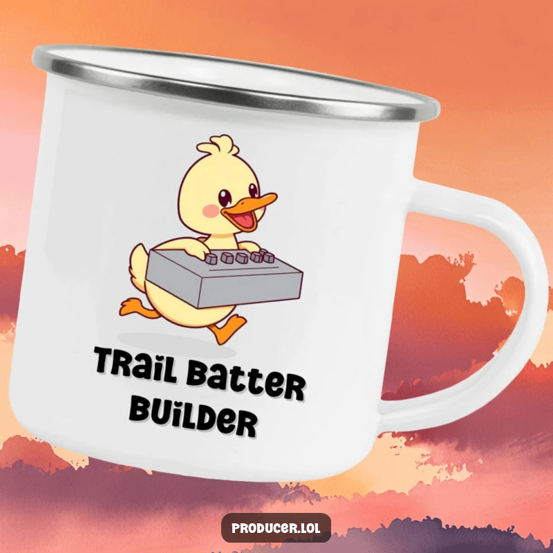 Funny duck camping mug with a happy cartoon character energetically pushing a large mixing board, for enjoying beverages outdoors with baking humor.