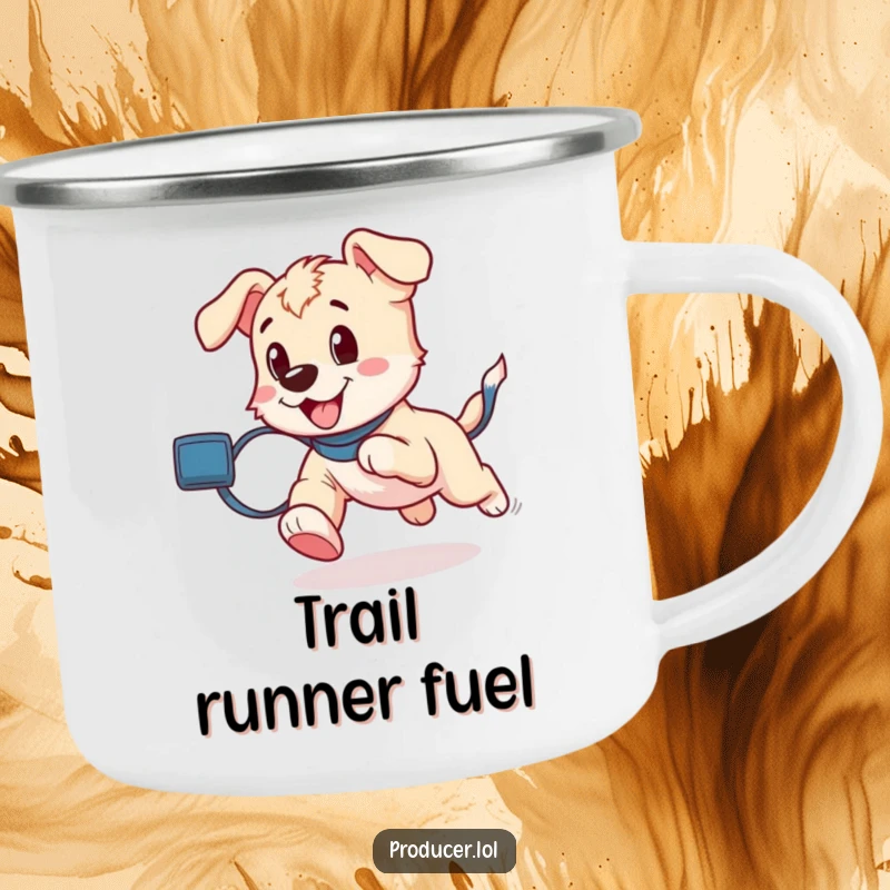 Funny playful puppy running with a roll of film trailing behind, printed on a durable camping mug.
