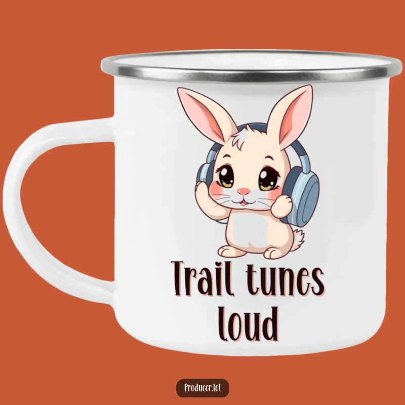 Funny Rabbit Headphones Enamel Mug: Adventure-Ready Music Laughs