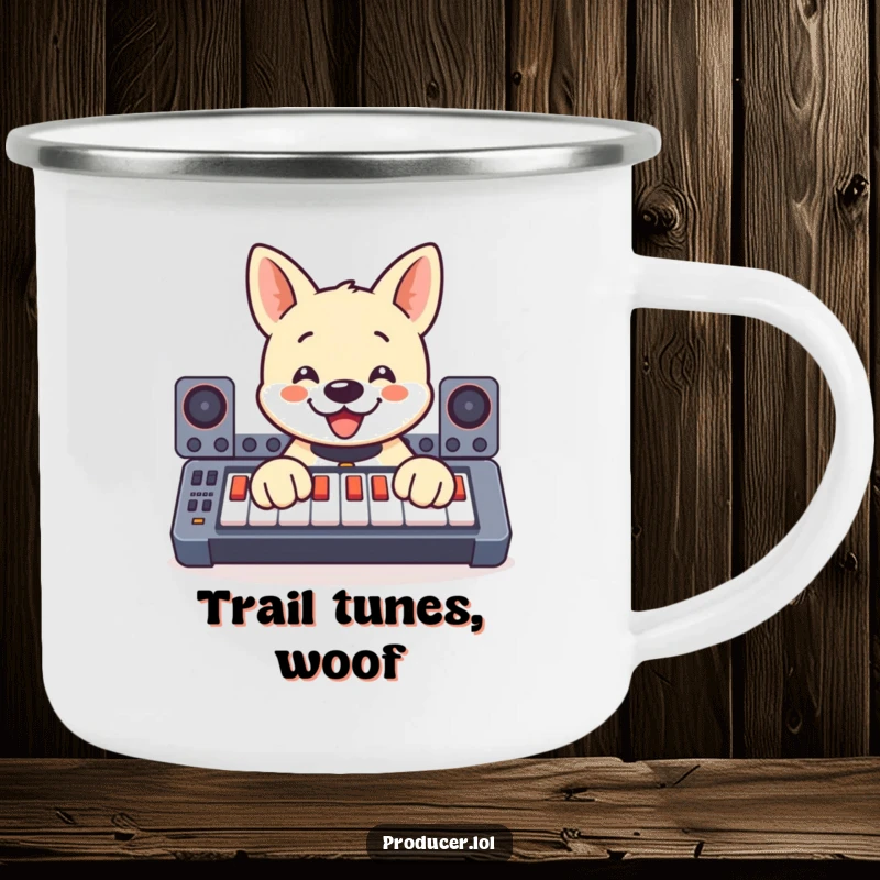 Funny camping mug featuring a happy dog enthusiastically operating a soundboard with its paws, perfect for outdoor music fans.