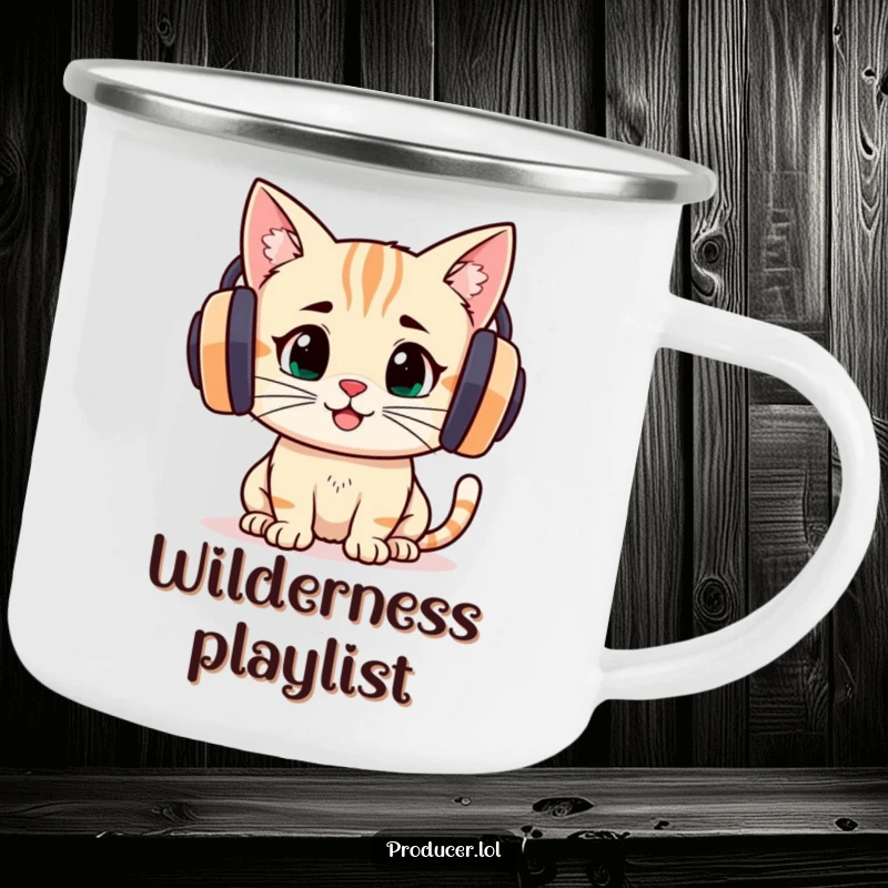 Funny cat with headphones intently listening, enjoying music outdoors on this rugged camping mug.