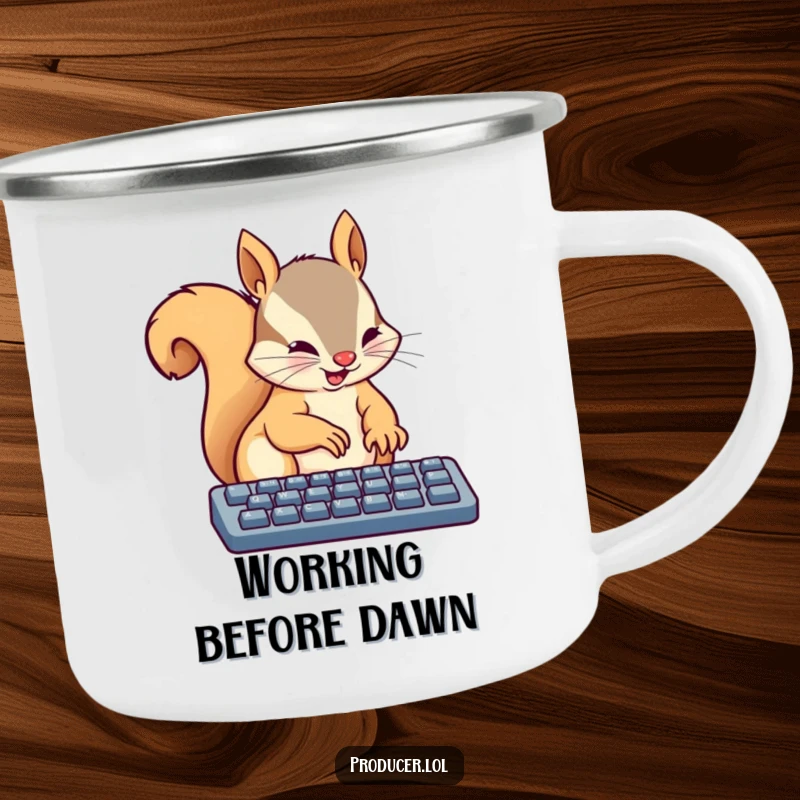 Funny camping mug featuring a busy squirrel energetically typing on a keyboard with tiny paws, perfect for outdoor work sessions and humor.