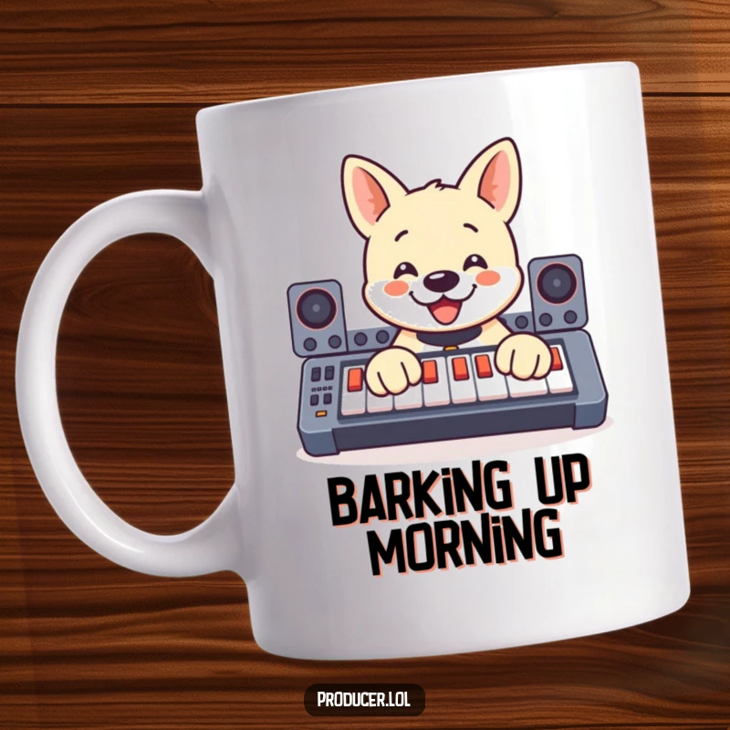 Funny mug showing a happy dog enthusiastically pressing buttons on a large soundboard with its paws, embodying canine musical joy.