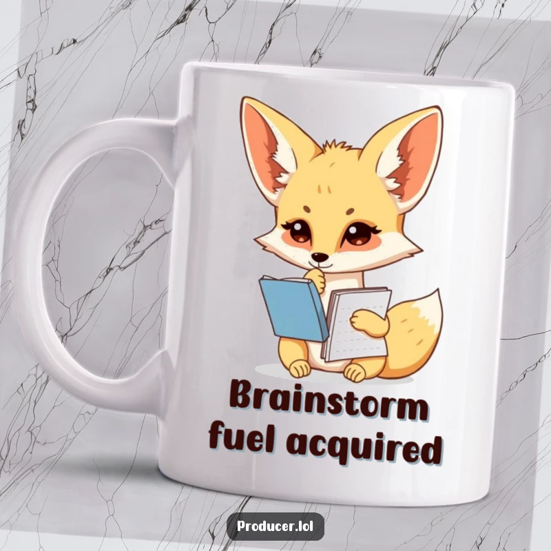 Funny fennec fox mug, thoughtfully tapping chin, holding script notebook, pondering creative ideas, perfect gift for writers.
