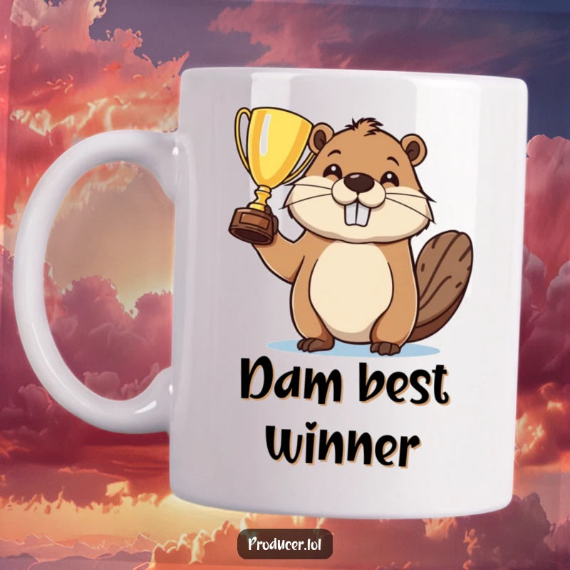 Funny mug featuring a determined beaver proudly holding up a golden trophy, embodying victory and accomplishment.