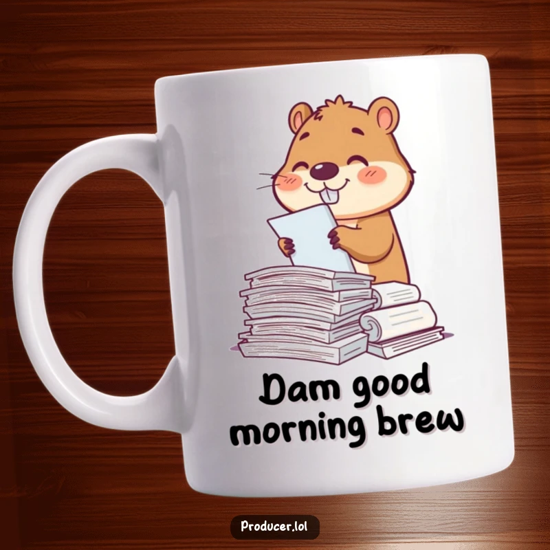 Funny beaver character smiling while diligently sorting a large pile of scripts, looking focused and happy.