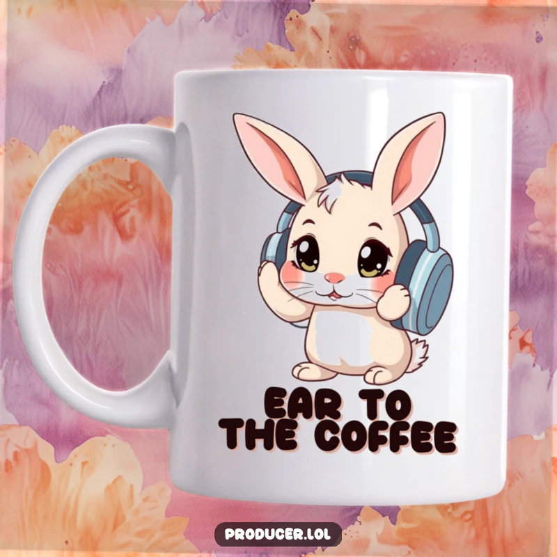 Funny curious rabbit with wide eyes adjusting large headphones, a whimsical and humorous mug design for music lovers.