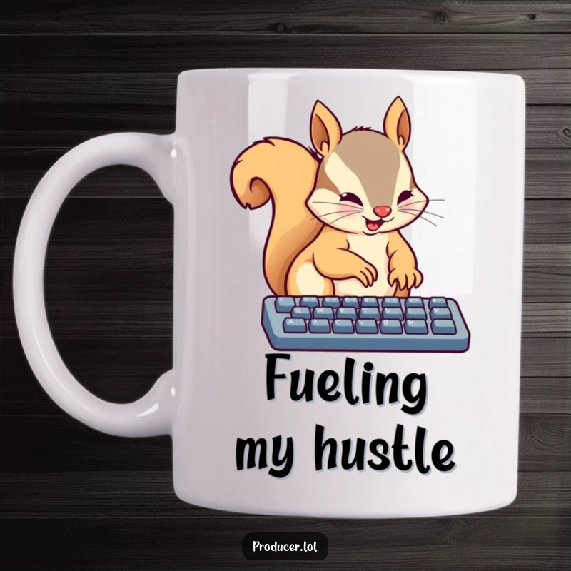 Funny mug featuring a busy squirrel energetically typing on a computer keyboard with its tiny paws, showcasing intense focus and dedication.