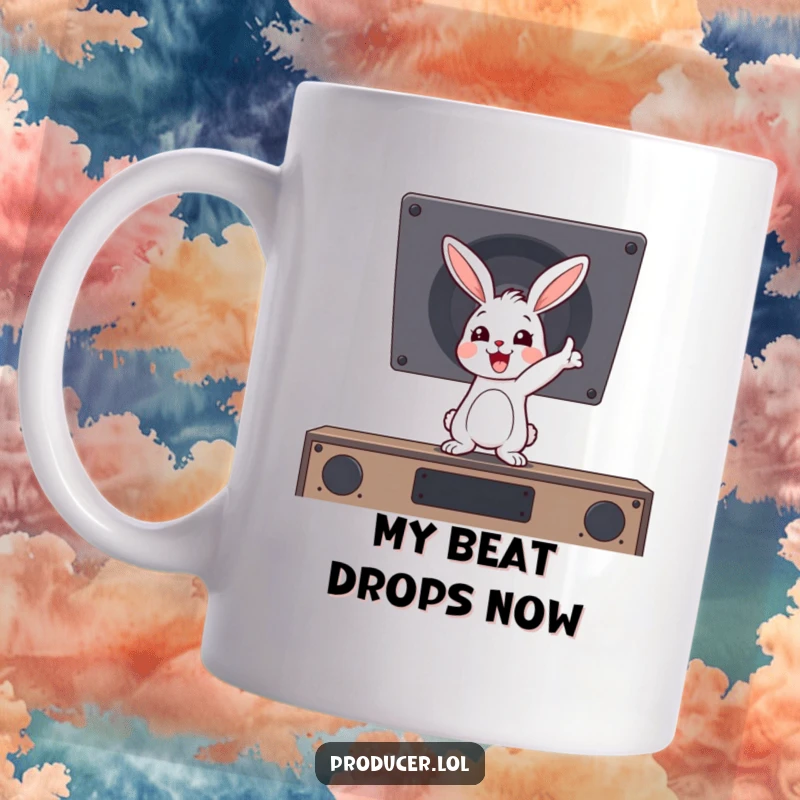 Funny bouncing rabbit character enthusiastically pointing at a booming speaker, radiating pure musical joy on this mug.