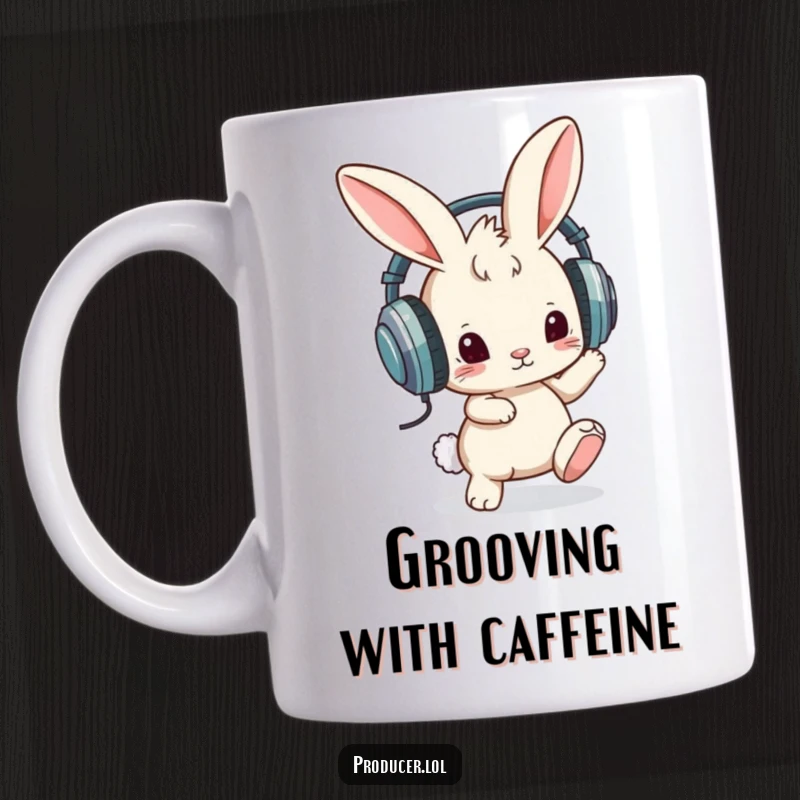 Funny mug with a curious bunny wearing oversized headphones, tapping its foot to a beat, embodying a funny, music-loving, and chill personality.