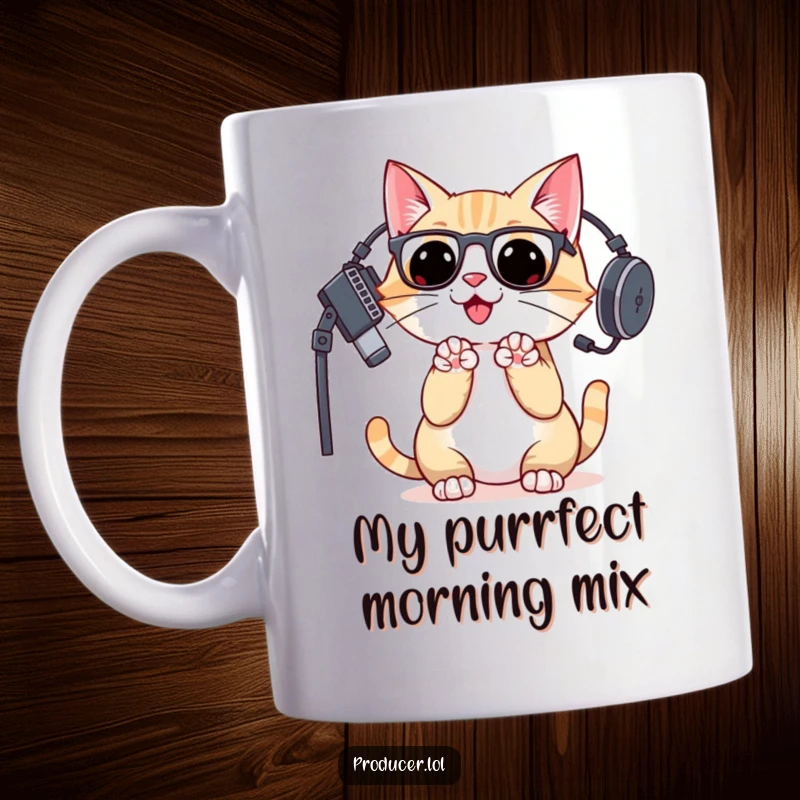 Funny cat DJ wearing a studio headset claps paws enthusiastically, a joyful producer celebrating a hit song on this mug.