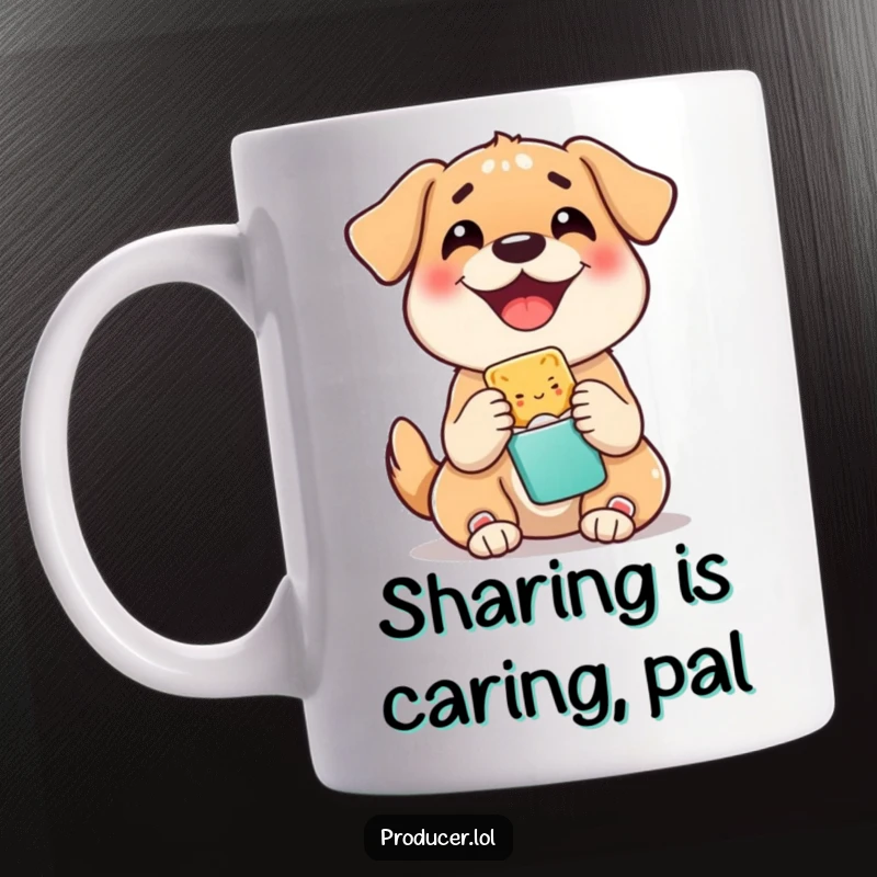 Funny mug featuring a joyous dog enthusiastically sharing a tasty snack, radiating happiness and generosity, perfect for dog enthusiasts.