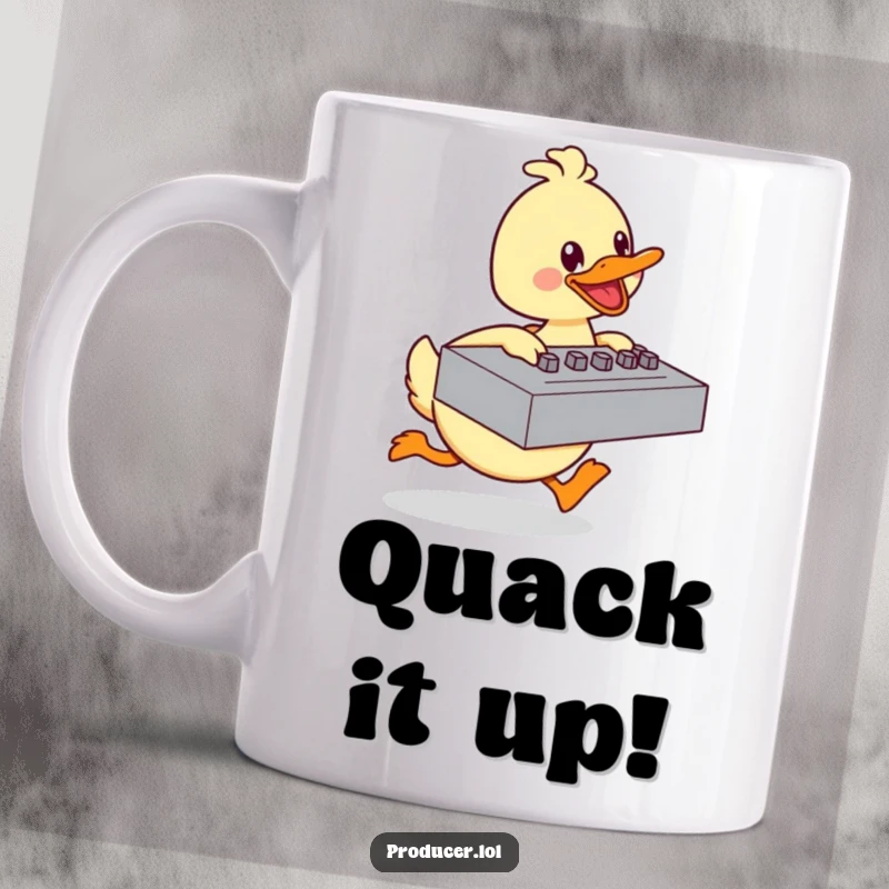 Funny duck mug with a happy cartoon character energetically pushing a large mixing board with sheer delight.