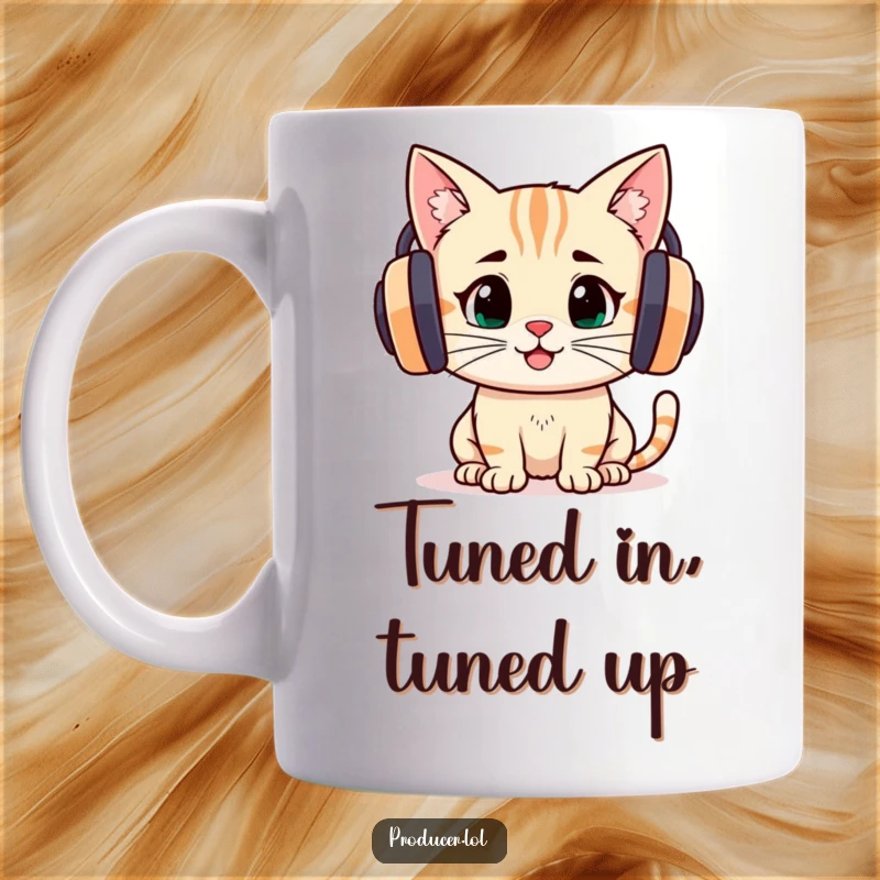Funny cartoon cat wearing large headphones, intently listening with a joyful expression, on this music-themed mug.