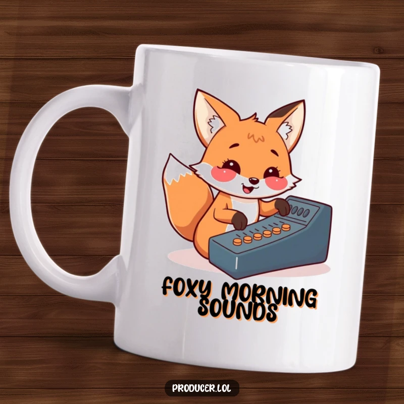 Funny fox DJ mug, happily pressing soundboard buttons, energetic and cheerful, music producer gift, perfect for audio lovers.
