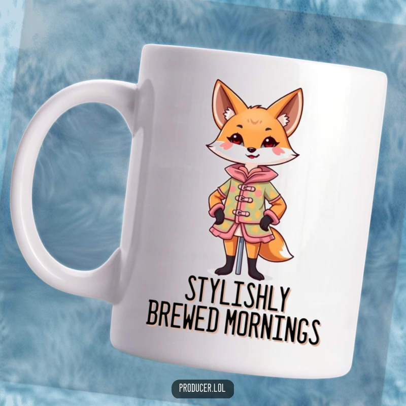 Funny Fox Fashion Mug showing a confident fox designing a colorful costume on a mannequin with a flourish, perfect gift.