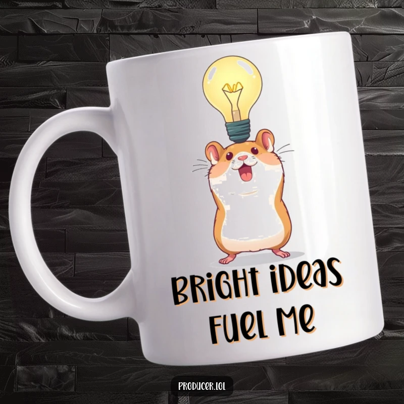 Funny Hamster Idea Mug: An energetic hamster joyfully lifts a giant light bulb overhead, symbolizing a breakthrough or brilliant new idea.