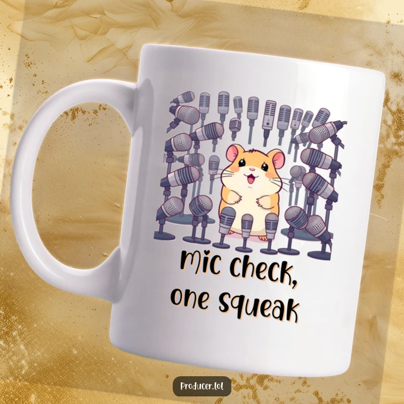 Funny mug with a happy hamster looking thoughtfully over a vast array of diverse microphones, ready to broadcast its message.