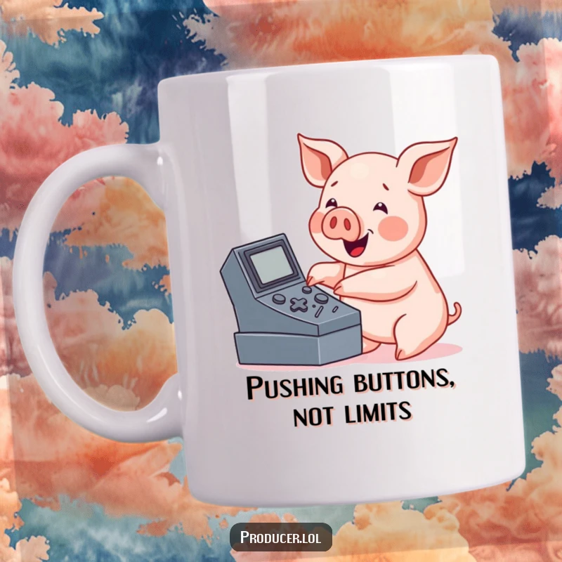 Funny pig mug, friendly character enthusiastically pressing buttons on a large, complex console, exploring.