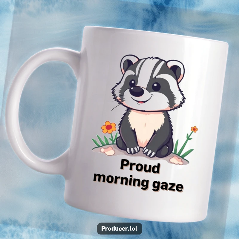 Funny mug depicting a proud badger standing tall, confidently overlooking a colorful and vibrant stage or set.