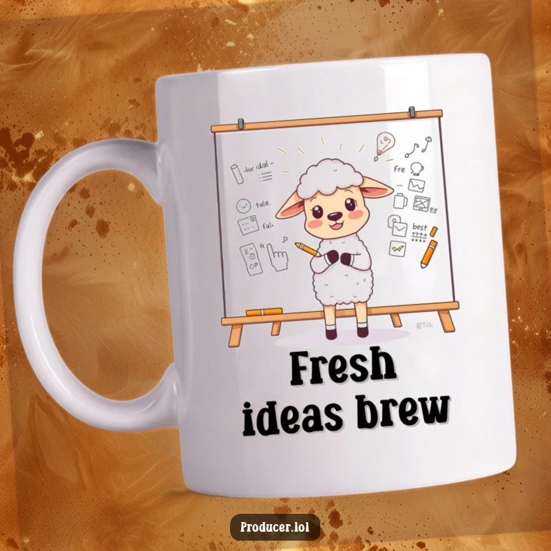 Funny Sheep Idea Mug showing a little sheep enthusiastically sketching a new idea on a large whiteboard, perfect gift.