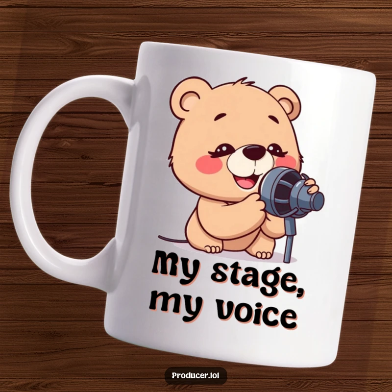 Funny mug of a cartoon bear intensely focused, leaning into a large microphone with a happy, concentrated expression, ready to sing.