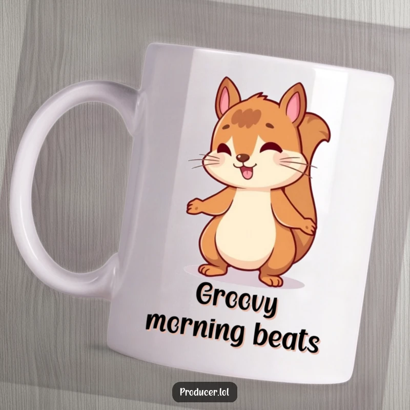 Funny mug featuring a lively squirrel enthusiastically bouncing and nodding its head to an unheard, upbeat musical beat.