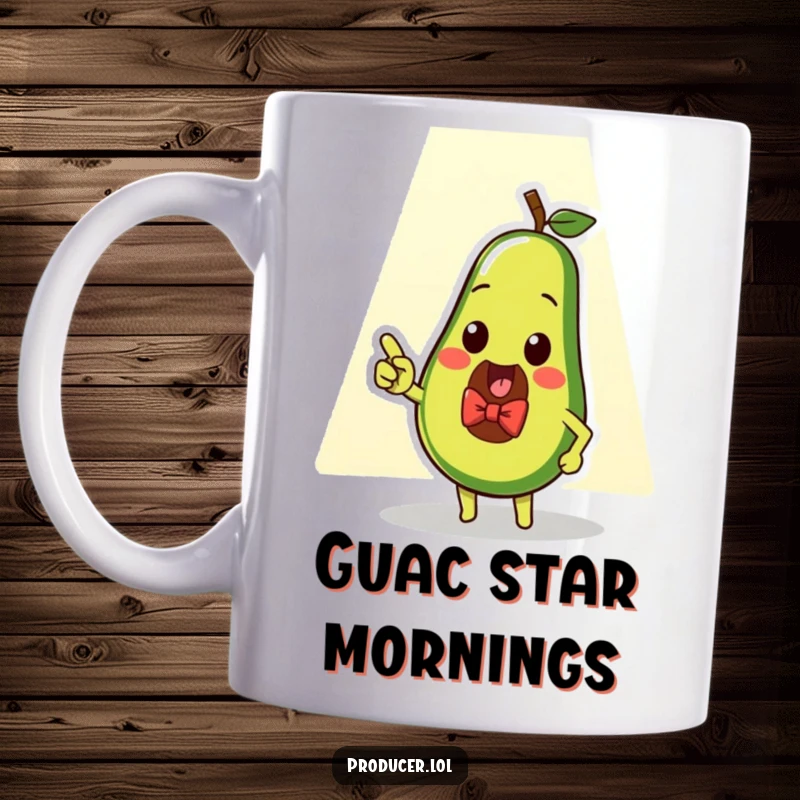 Funny avocado mug with a cute avocado wearing a bow tie, enthusiastically pointing at a spotlight, celebrating stardom.