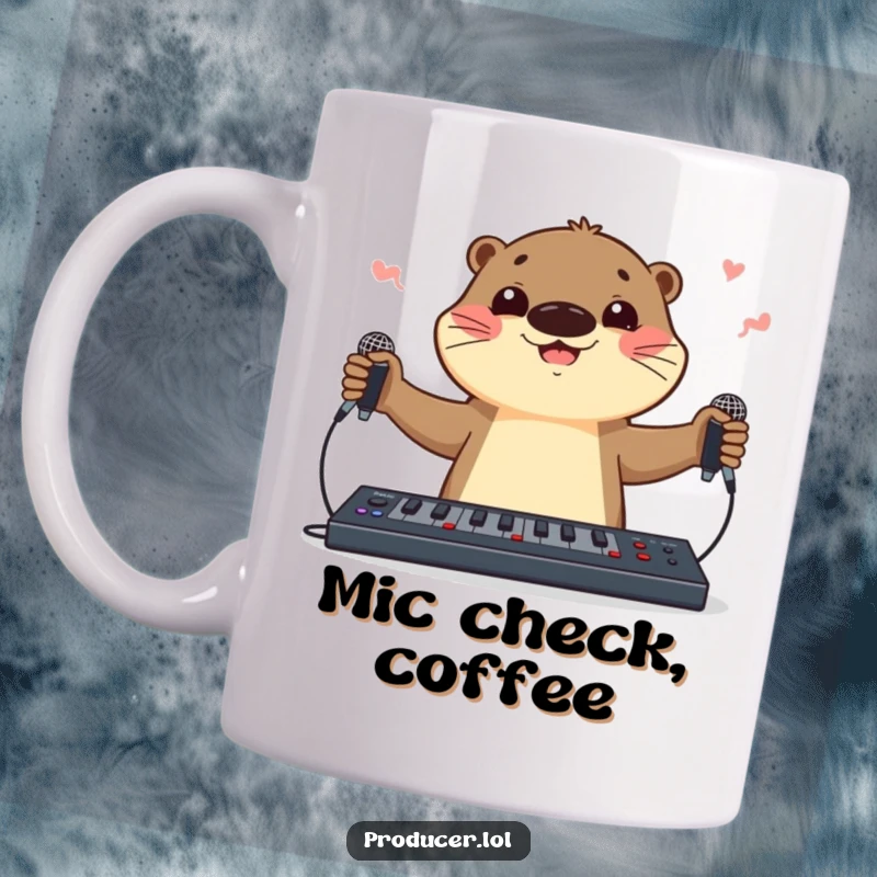 Funny cheerful cartoon otter masterfully juggling two microphones and a soundboard slider, embodying skill and musical entertainment.