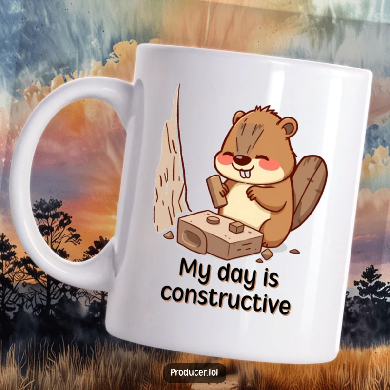 Funny Beaver Mug showing a busy beaver enthusiastically hammering a miniature set piece, perfect for gifting.