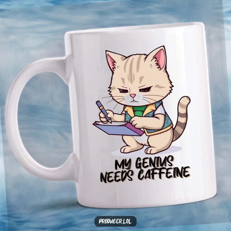 Funny cat wearing a sparkly vest, frantically scribbling notes on a notepad, a humorous depiction of busy work life, perfect coffee mug gift.