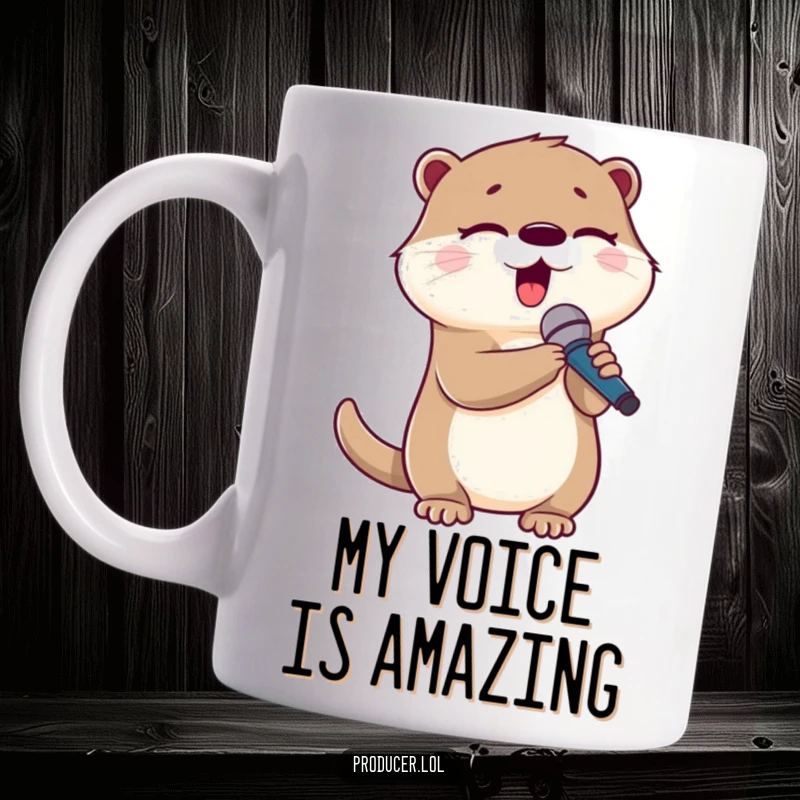 Funny otter mug, cute character singing passionately with a microphone, eyes closed in musical bliss.