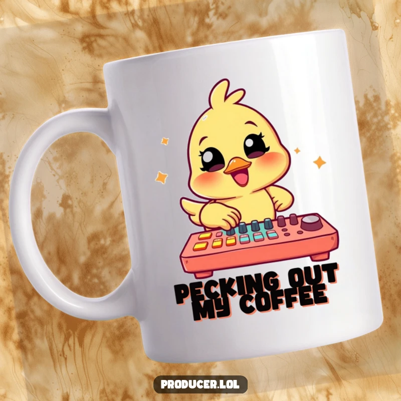 Funny Chick Producer Mug: A cheerful chick happily tapping on a colorful music mixing board, radiating artistic joy.