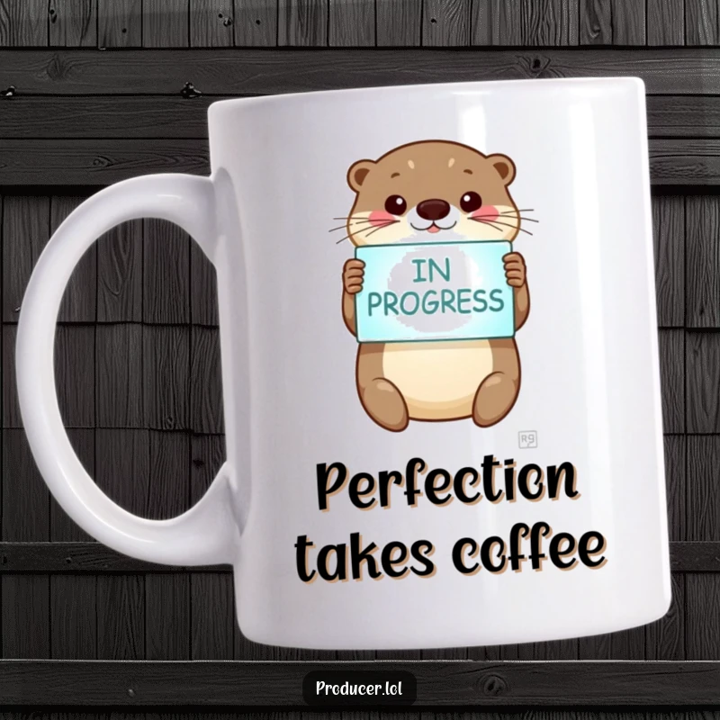 Funny otter mug, smiling brightly, holding glowing 'In Progress' sign, celebrating ongoing work, great gift.