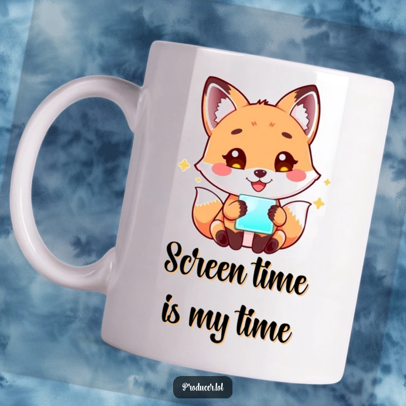 Funny Fox Tech Mug: A playful fox with a wide, happy grin is captivated by a brightly glowing screen, embodying screen addiction humor.