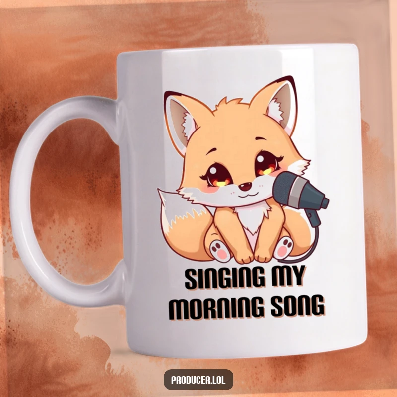 Funny Fox Singer Mug: A cuddly fox leaning into a microphone with bright, eager eyes, ready to belt out a tune.