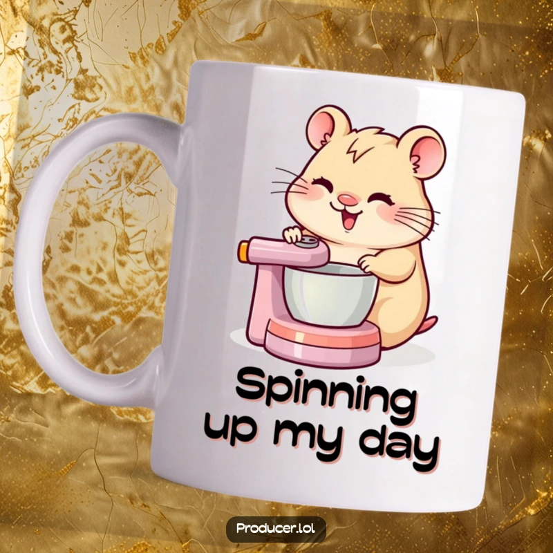 Funny cheerful hamster focused intently while spinning a DJ mixing board, captured on this mug.