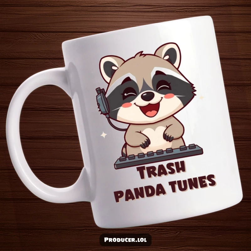 Funny Raccoon Mug: A grinning raccoon happily manipulates sound sliders, embodying a playful mastery of audio mixing.