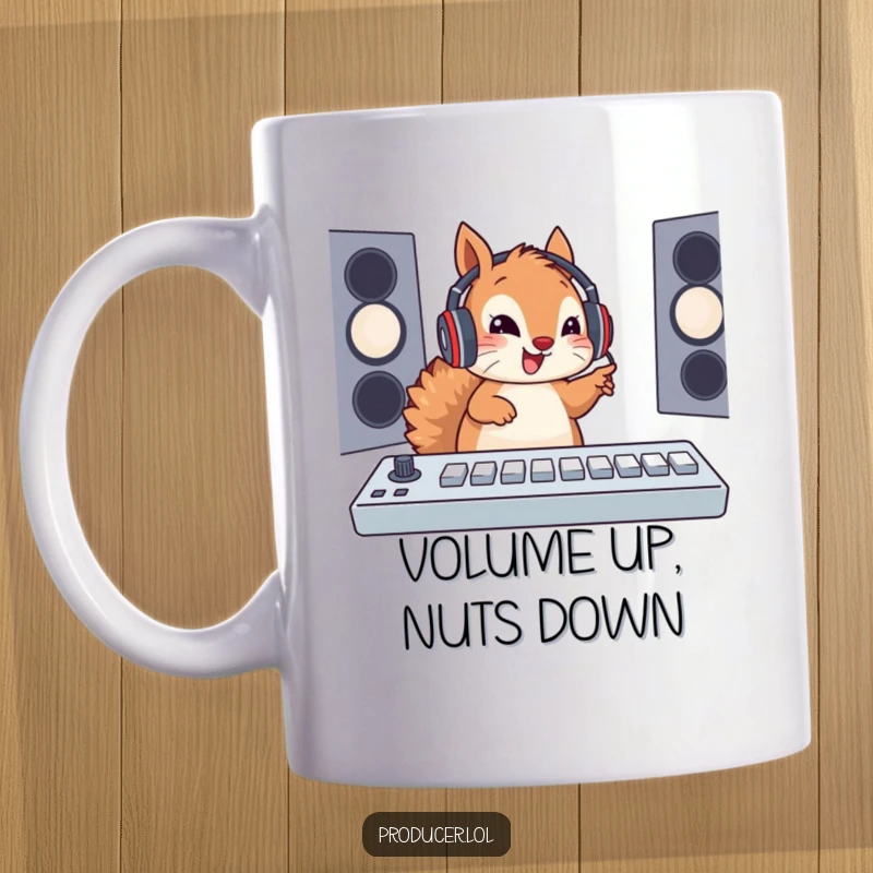 Funny Squirrel DJ Mug: A cute squirrel in a headset enthusiastically operates a soundboard, perfect for music lovers and control freaks.
