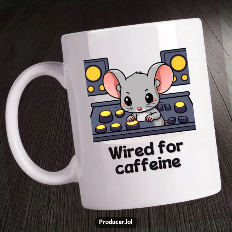 Funny determined mouse pressing large glowing buttons on a console, a humorous and engaging mug design for gamers.